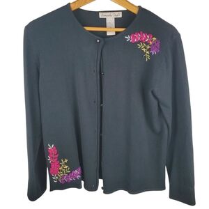 Vintage Samantha Taylor Black Cardigan Floral Embroidery. MED. #246